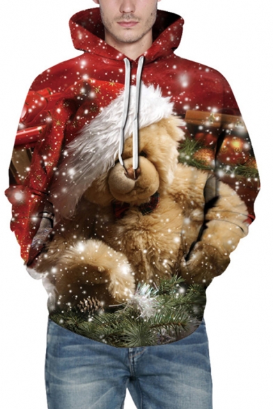 Mens Hooded Sweatshirt Stylish Dog Deer Snow Bear Deer Cat Bell Christmas Hat Print Drawstring Slim Fitted Long Sleeve Hoodie
