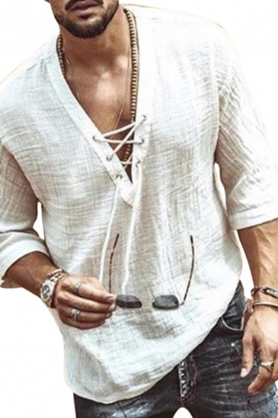 Mens T Shirt Chic Plain Lace-up Embellished Mid Sleeve Split Neck Regular Fitted Tee Top