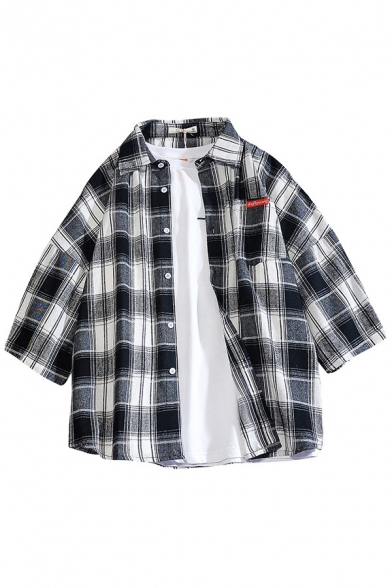 Novelty Mens Shirt Plaid Print Button up Spread Collar 3/4 Batwing Sleeve Loose Fit Shirt with Chest Pocket