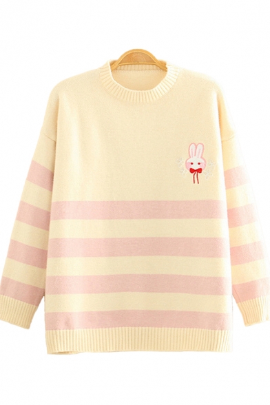 Novelty Womens Sweater Rabbit Floral Stripe Pattern Rib Trim Long Sleeve Relaxed Fitted Round Neck Sweater
