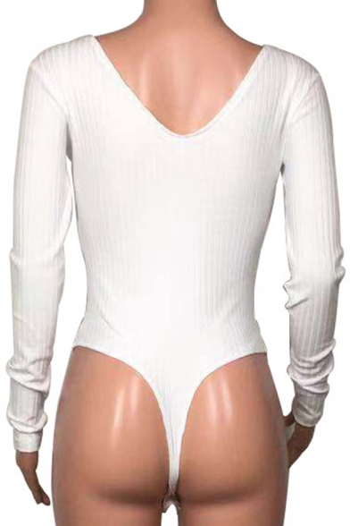 Retro Womens Bodysuit Solid Color Rib Knit Deep V Neck Slim Fitted Long Sleeve Bodysuit