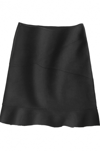 Retro Womens Skirt Solid Color Invisible Zipper Side Double-Sided Woolen Ruffle Hem High Rise Mini Mermaid Skirt