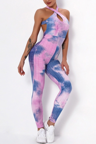 Sporty Women's Active Jumpsuit Tie Dye Pattern Quilted Halter Neck Backless Sleeveless Slim Fitted Jumpsuit