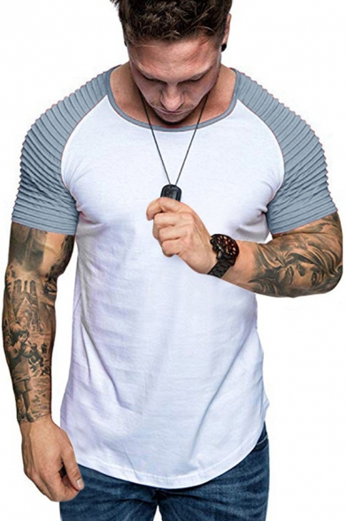 Stylish Men's Tee Top Contrast Panel Raglan Contrast Trim Crew Neck Short-sleeved Regular Fitted T-Shirt