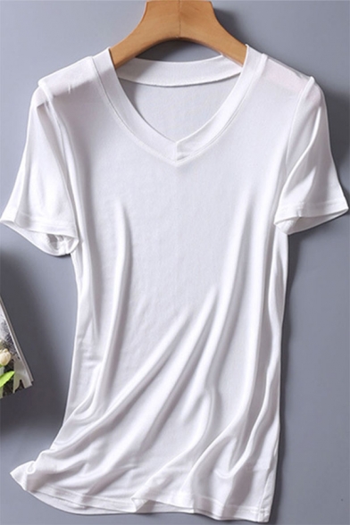 Stylish Tee Top Contrast Hem V Neck Short Sleeves Slim Fit T-Shirt for Women
