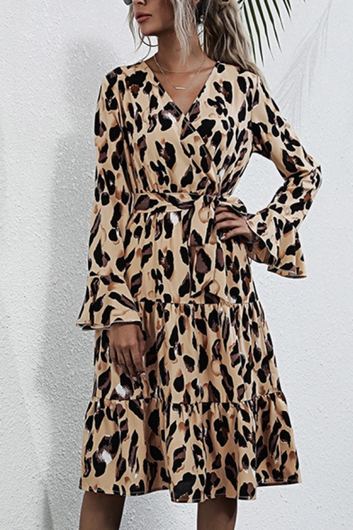Stylish Womens A-Line Dress Leopard Print Pleated V Neck Long Flare Cuff Sleeves Fitted Midi A-Line Dress with Belt