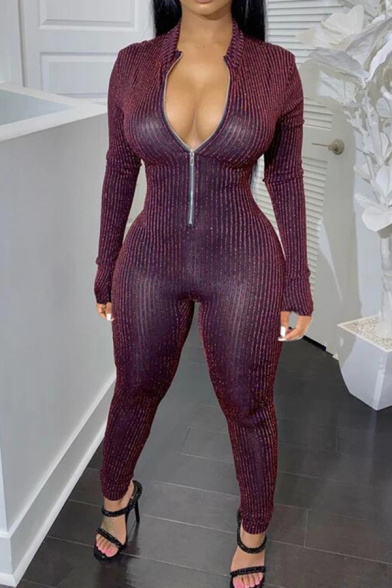 Stylish Womens Jumpsuit Glitter Rib Knitted Stand Collar Zip Front Long Sleeves Slim Fitted Jumpsuit