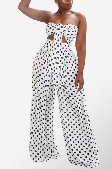 Unique Womens Co-ords Polka Dot Leopard Skin Print Tie-Front Cropped Sleeveless Strapless Bandeau Floor Length Regular Fitted Wide Leg Pants Co-ords
