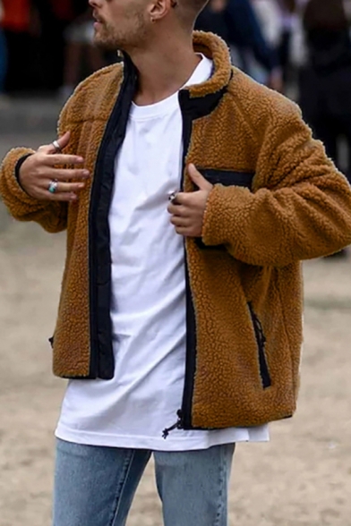Vintage Mens Jacket Color Block Patchwork Cashmere Zipper down Slim Fit Long Sleeve Mock Neck Fur Jacket
