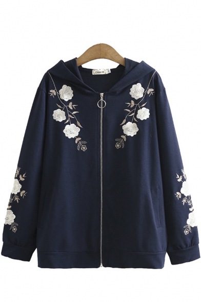 Vintage Womens Jacket Floral Embroidered Zipper Fly Hooded Long-sleeved Regular Fitted Jacket