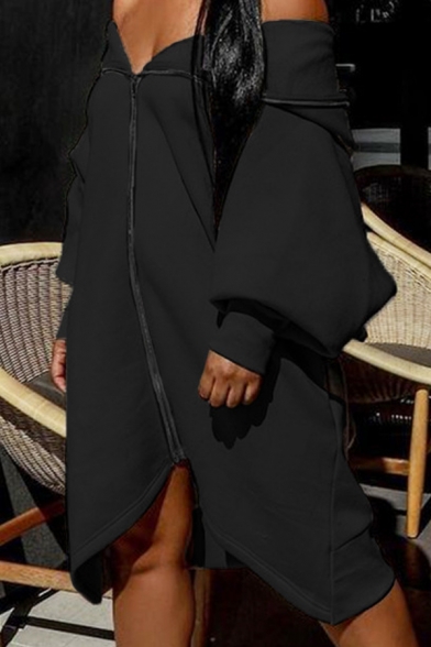 Women's Hot Fashion Long Sleeve Plain Zip-Front Mini Hooded Asymmetric Black Dress