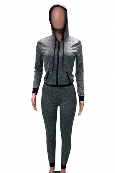 Womens Co-ords Chic Space Dye Zipper down Long Sleeve Hooded Jacket Slim Fitted 7/8 Length Pants Sport Co-ords