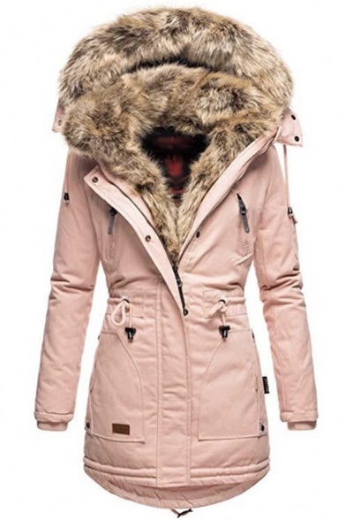 Womens Coat Stylish Drawstring Waist Fur-Trimmed Zipper up Long Sleeve Slim Fit Mid-Length Parka