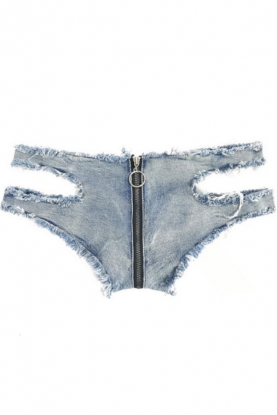 Womens Denim Shorts Stylish Faded Wash Ripped Cut-out Side Zipper Fly Ultra-Short Low Rise Slim Fitted Triangle Shorts