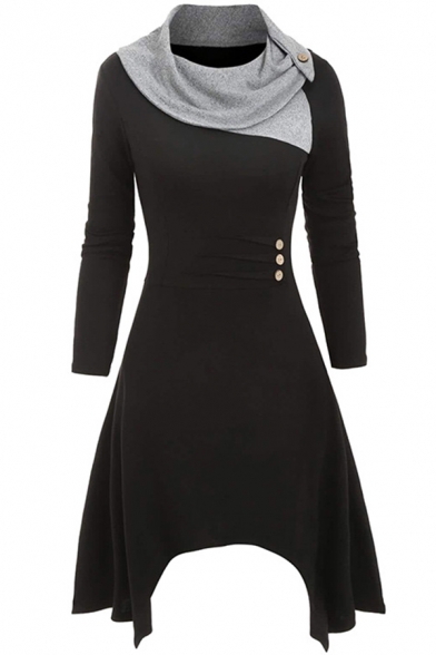 Womens Dress Chic Button Decoration Asymmetric Hem Long Sleeve Midi A-Line Slim Fitted Contrast-Cowl Collar Swing Dress