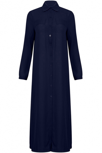 Womens Dress Stylish Plain Single Breasted Side Split Hem A-Line Long Sleeve Maxi Regular Fitted Turn-down Collar Shirt Dress