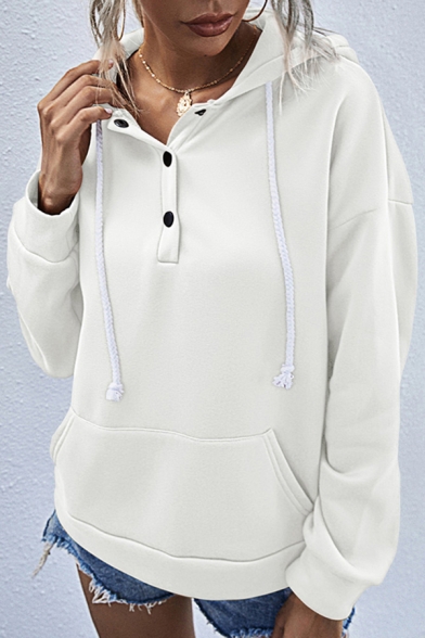 Womens Hoodie Chic Solid Color 1/4 Button Kangaroo Pocket Drawstring Long Sleeve Slim Fit Hooded Sweatshirt
