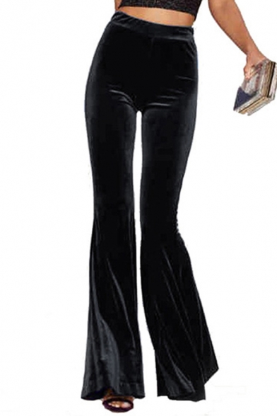 Womens Pants Fashionable Solid Color Suede Regular Fit Long High Rise Flare Relaxed Pants