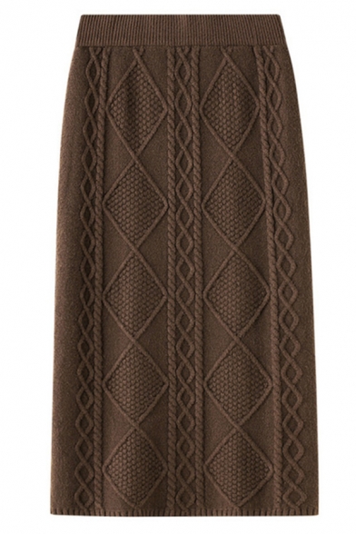 Womens Skirt Chic Cable Rhombus Knit Thick Midi High Elastic Waist Bodycon Skirt