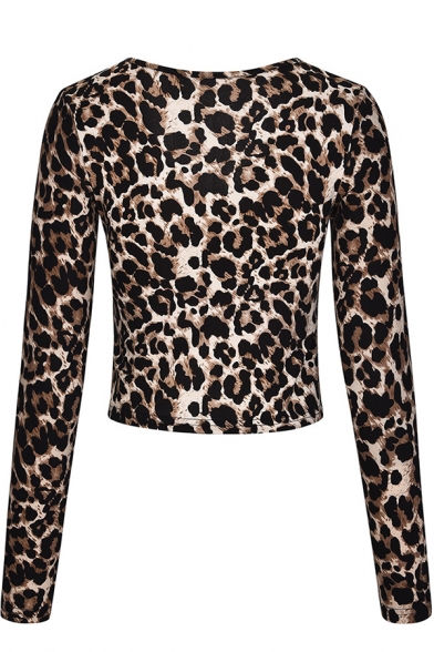 Womens T-Shirt Stylish Leopard Skin Pattern Surplice Front Cropped V Neck Long Sleeve Slim Fitted T-Shirt