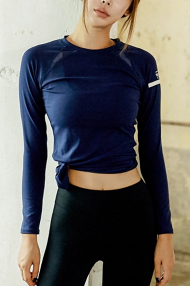 Womens Yoga T-Shirt Trendy Geometric Stripe Pattern Crew Neck Long Sleeve Skinny Fitted T-Shirt