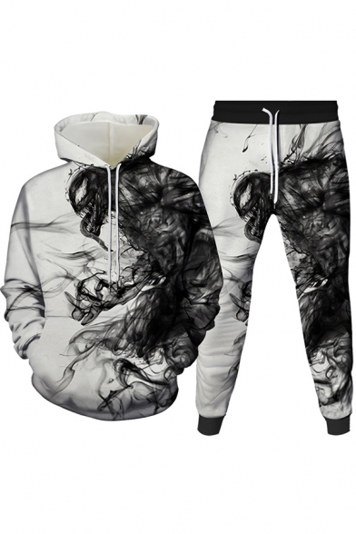 Basic Mens Co-ords 3D Smoke Print Long Sleeve Hoodie Ankle Length Tapered Pants Slim Fit Jogger Co-ords
