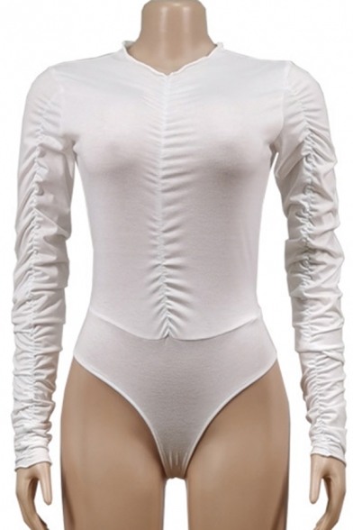 Basic Womens Bodysuit Plain Ruched Design Long Sleeve Crew Neck Slim Fitted Bodysuit