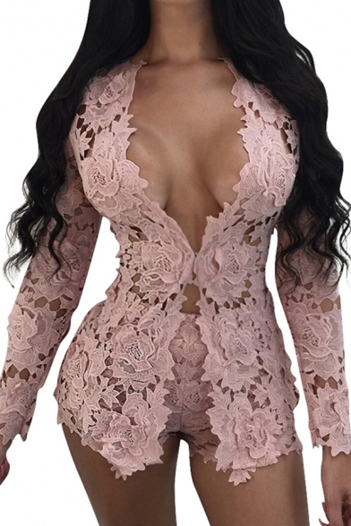 Basic Womens Co-ords Floral Crochet Lace Long Sleeve Open Front Tee Slim Fitted Shorts Co-ords