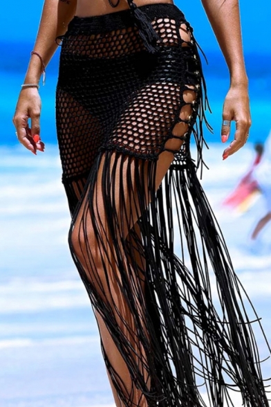 Classic Womens Bodycon Skirt Hand-Hook Hollow out Knitted Sun Protection Fringe Hem Cover-up Beach Skirt