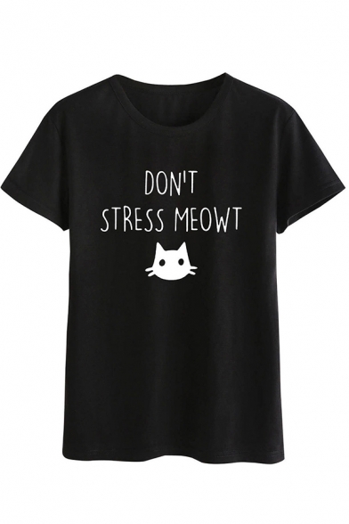Classic Womens T-Shirt Letter Don't Stress Meowt Pattern Crew Neck Short Sleeve Regular Fitted Graphic T-Shirt
