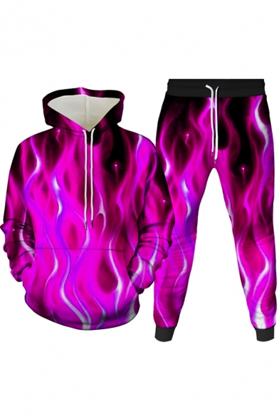 Cool Mens Co-ords 3D Fire Pattern Slim Fitted 7/8 Length Tapered Pants Long Sleeve Hoodie Jogger Co-ords