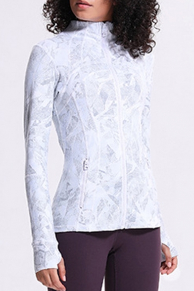 Cool Womens Sport Jacket Geometric Pattern Finger Holes Full-Zipper Long Sleeve Mock Neck Slim Fit Yoga Jacket