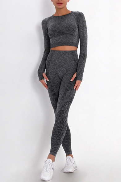 Cozy Women's Yoga Set Heathered Contrast Panel Round Neck Long-sleeved Slim Fitted Crop Top with High Waist Seamless Long Pants