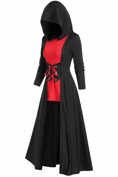 Creative Womens Dress Color Block Lace-up Corset Waist High-Low Long Sleeve Midi A-Line Slim Fitted Hooded Swing Dress