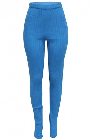Elegant Women's Pants Solid Color Rib Knitted High Elastic Waist Split Slim Fitted Long Pants