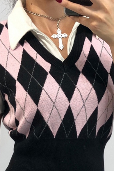 Fancy Knit Vest Argyle Diamond Print Rib-Knit Trim V Neck Sleeveless Fitted Knit Vest for Women