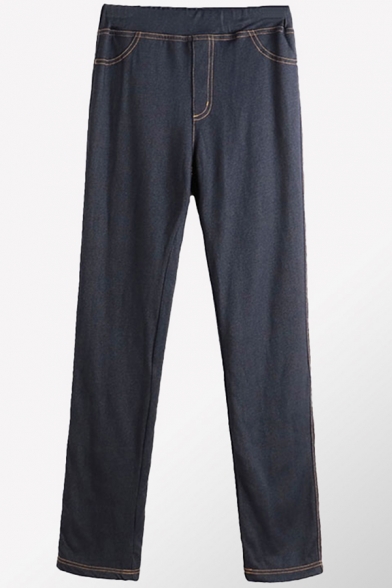 Fancy Pants Solid Color Woolen Elasticity High-Rise Long Straight Jeans Pants for Women