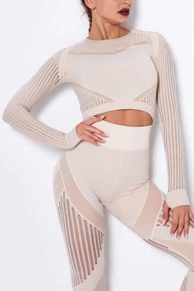 Fancy Women's Active Set Contrast Panel Stripe Pattern Crew Neck Long Sleeves Slim Fitted Tee Top with High Waist Long Pants