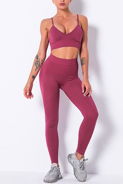 Fancy Womens Yoga Set Solid Color Spaghetti Strap V Neck Sleeveless Cropped Top with High Waist Skinny Pants Active Set