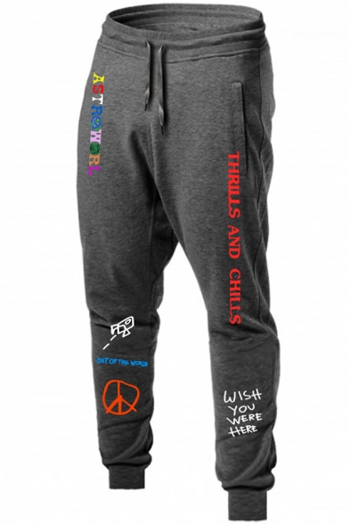 Guys Casual Fashion Letter WISH YOU WERE HERE Printed Drawstring Waist Cotton Sweatpants