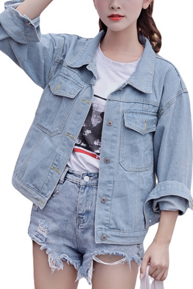 Letter Graphic Printed Back Lapel Collar Long Sleeve Button Front Denim Jacket