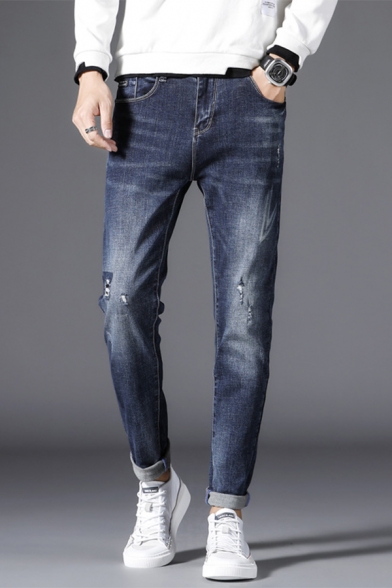 Men's New Fashion Letter Print Patched Dark Blue Slim Ripped Jeans