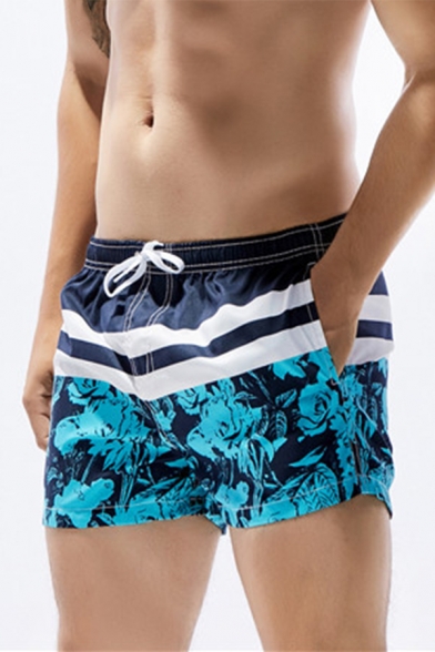 Mens Blue and Gray Ocean Water Rhomboid Plaids Print Beach Shorts with Mesh Lining