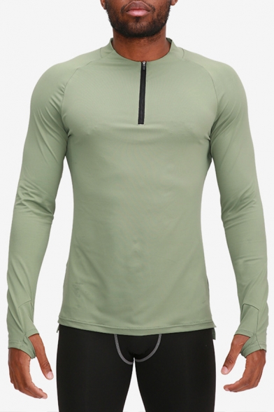 Mens Fitness T-Shirt Chic Solid Color Quick Dry Finger Holes Long Sleeve Round Neck Skinny Fitted Tee Top