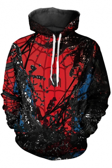 Mens Hoodie Fashionable Cosplay 3D Spider Cobweb Print Drawstring Slim Fitted Long Sleeve Hoodie