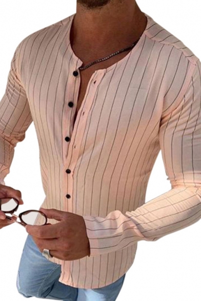 Mens Shirt Fashionable Vertical Pinstripe Print Button down Long Sleeve Crew Neck Slim Fitted Shirt