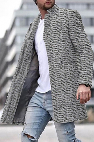 Novelty Mens Coat Double-Faced Woolen Button up Lapel Collar Mid-Length Slim Fit Long Sleeve Coat