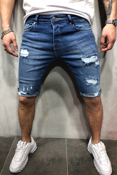 Novelty Mens Shorts Faded Wash Distressed Knee-Length Zipper Fly Slim Fitted Denim Shorts