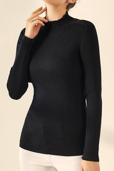 Novelty Womens Sweater Plain Rib Knitted Mulberry Silk Mock Neck Long Sleeve Slim Fitted Bottoming Sweater