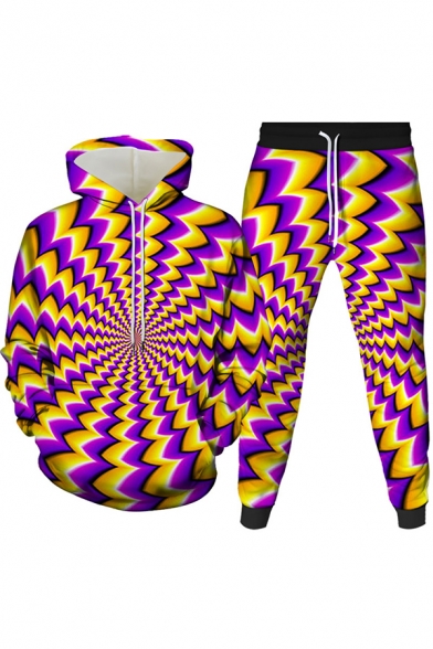 Retro Mens Co-ords Colored Spiral Geometric Pattern 3D Slim Fitted 7/8 Length Tapered Pants Long Sleeve Hoodie Jogger Co-ords